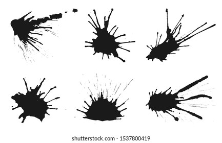 Ink splash, splatter, paint drop, stain banner set. Liquid watercolor spatter. Grafitti art design spray. Abstract shape blots. Splatter grunge texture, dirty spot brush. Isolated vector illustration