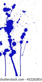 Ink splash, stains, strokes and blots. Paint Splatter Background. Blue and white vector illustration. Abstract grunge template. 
