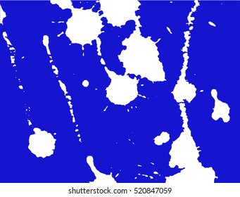 Ink splash, stains and strokes. Paint splatter background. White blots on blue. Vector illustration. Abstract Grunge template. 