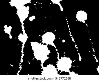 Ink splash, stains and strokes. Paint splatter. White blots on black. Splatter Background. Vector illustration. Abstract background. Grunge template. 