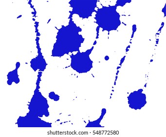 Ink splash, stains and strokes. Paint splatter. Blue blots on white. Splatter Background. Vector illustration. Abstract background. Grunge template. 