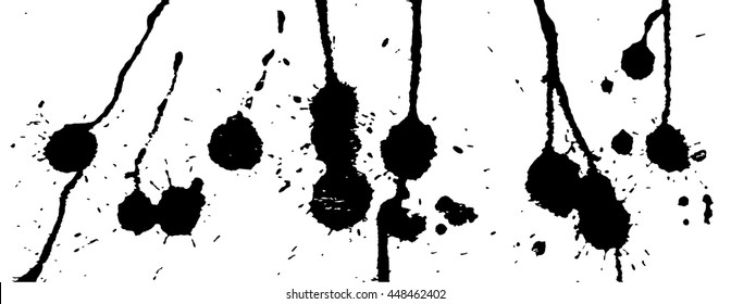 Ink splash, strokes and stains background. Paint splatter. Black blots on white. 