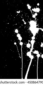 Ink splash, strokes and stains background. Paint splatter. White blots on black. Abstract black and white vector illustration. Grunge template. 
