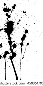 Ink splash, strokes and stains background. Paint splatter. Black blots on white. Abstract black and white vector illustration. Grunge template. 
