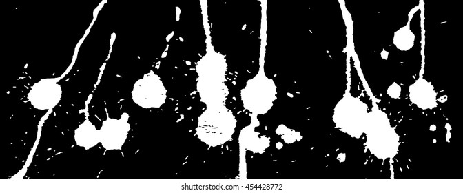 Ink splash, strokes and stains background. Paint splatter. White blots on black. Abstract vector illustration. Grunge template. 