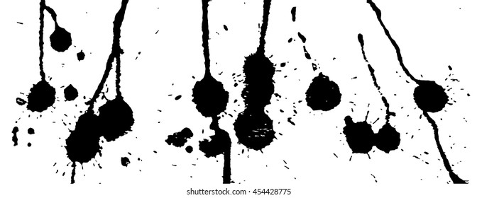 Ink splash, strokes and stains background. Paint splatter. Black blots on white. Vector illustration. Grunge template. 