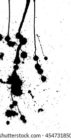Ink splash, strokes and stains background. Paint splatter. Black blots on white. Abstract vector illustration. Grunge template. 