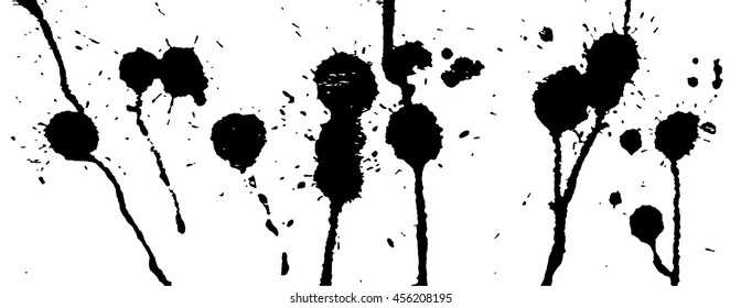 Ink splash, strokes and stains background. Paint splatter. Black blots on white. Abstract vector illustration. Grunge template. 