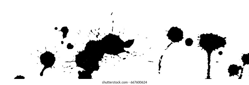 Ink splash, strokes and stains background. Paint splatter. Black blots on white. Abstract black and white vector illustration. Grunge template. 