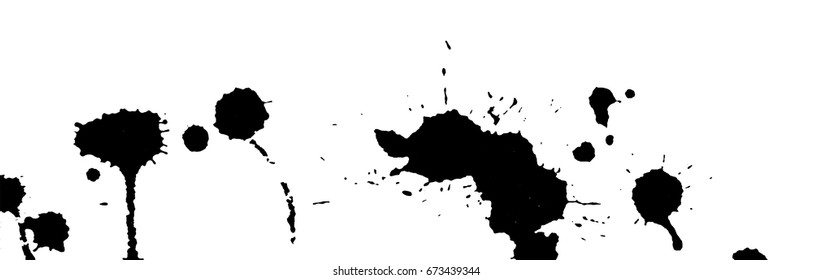 Ink splash, strokes and stains background. Paint splatter. Black blots on white. Abstract black and white vector illustration. Grunge template. 