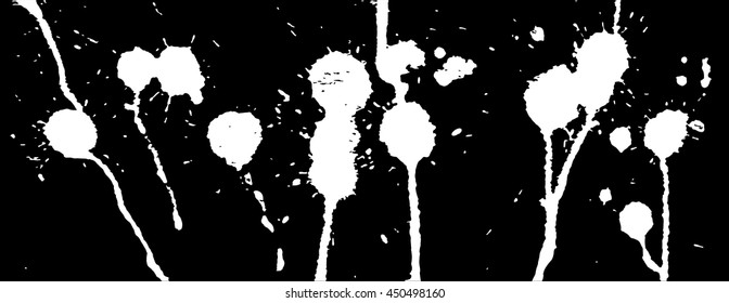 Ink splash, strokes and stains. Paint splatter. White blots on black background. Vector illustration. Grunge template. 