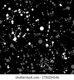 Ink splash vector seamless pattern. Black and white hand drawn spray texture.  white spots on Black backdrop.