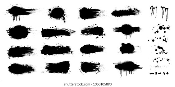 Ink Splashes. Black Inked Splatter Dirt Stain Splattered Spray Splash With Drops Blots Isolated Vector Grunge Silhouette Set