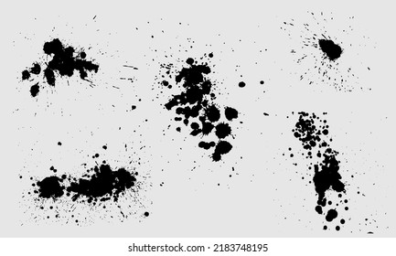 Ink splashes. Black inked splatter dirt stain splattered spray splash with drops blots isolated. Ink splashes stencil. High quality manually traced. Drops blots isolated. Vector illustration