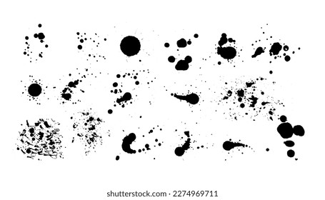 Pulgadas de tinta. La mancha de suciedad de mancha negra salpicada con salpicaduras salpicadas de gotas aisladas. Lápiz de salpicaduras de tinta. La alta calidad se rastreó manualmente. Las gotas aisladas. Ilustración del vector
