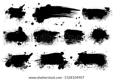 Ink splashes. Black inked splatter dirt stain splattered spray splash with drops blots isolated vector grunge silhouette set