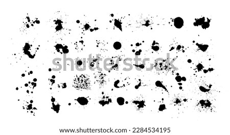 Ink splashes. Black inked splatter dirt stain splattered spray splash with drops blots isolated. Ink splashes stencil. High quality manually traced. Drops blots isolated. Vector illustration