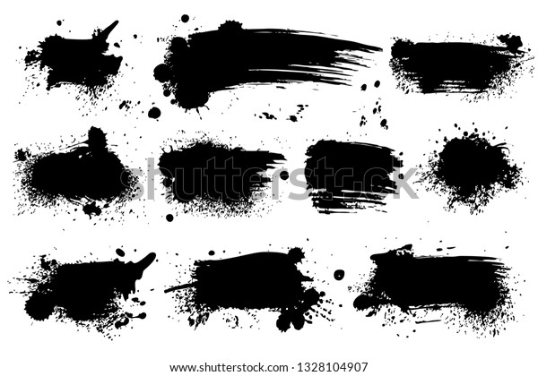 Ink splashes. Black inked splatter dirt stain
splattered spray splash with drops blots isolated vector grunge
silhouette set