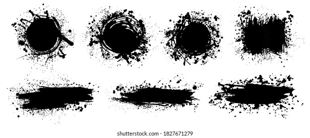  Ink Splashes Collection. Background. Black inked splatter dirt stain spray. Isolated Vector Grunge silhouette.