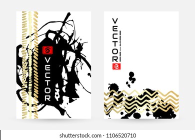 Ink splashes design in black and golden colors.. Modern posters with abstract elements. Vector hand painted backgrounds in japan or china style.