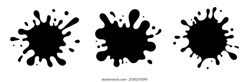 Ink splashes and drops. Ink blot, paint blots, cartoon paint splatters, liquid drip splash, grunge ink splatter.