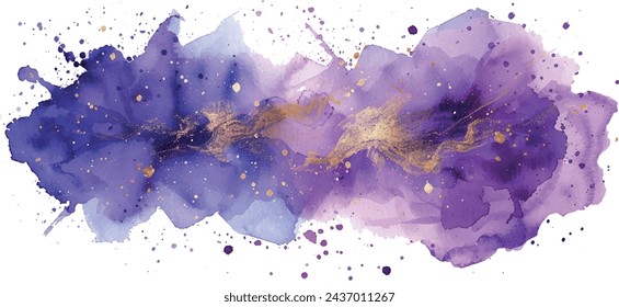  ink splashes isolated, violet purple and gold