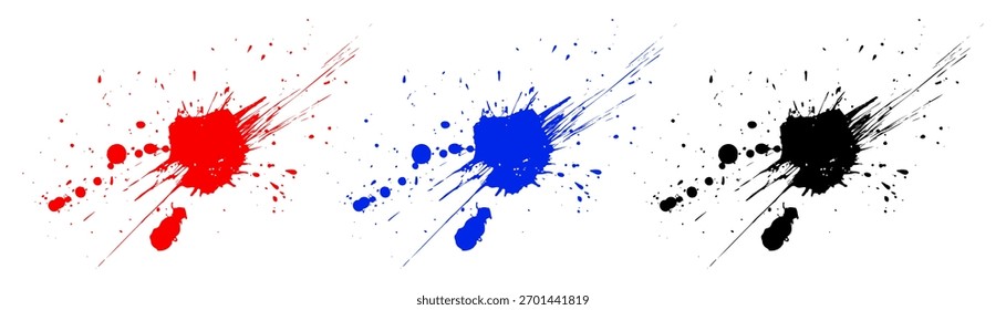 Ink splashes and paint drops. Red, blue and black blots in flat vector style. Perfect for posters, graffiti, backgrounds, abstract design.