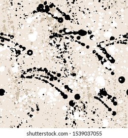 Ink splashes seamless pattern. Black and white spray texture