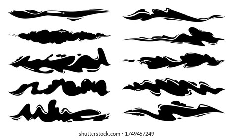 Ink splashes set. Black inked splatter dirt stain splatter spray splash with drops blots isolated vector silhouette set. Cartoon style Vector illutration.