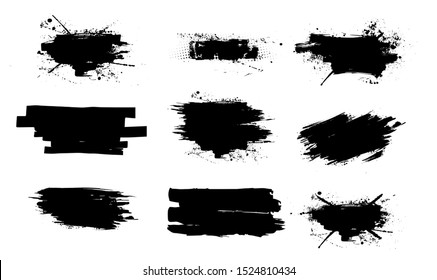 Ink splashes set.High level of tracing. Black inked splatter dirt stain splatter spray splash with drops blots isolated vector grunge silhouette set. Vector collection