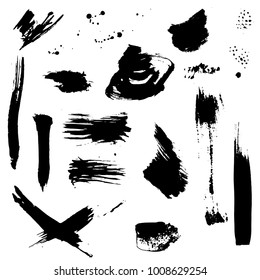 Ink splashes, splatters and spots, brush strokes silhouette black paint grunge texture vector set