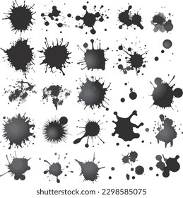 galería de símbolos de salpicaduras de tinta colección muy detallada. La alta calidad se rastreó manualmente. La mancha de suciedad de mancha negra salpicada salpicada de salpicaduras con gotas de sangre. Silhouettes aislado sucio grunge vectorial líquido