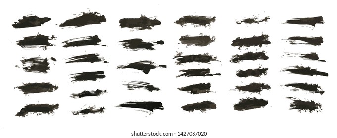 Ink splashes. Vector Brushes, black inked splatter dirt stain splattered spray splash with drops blots isolated grunge silhouette set. Vector collection