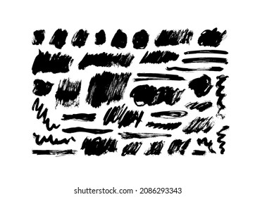 Ink splashes vector set. Black vector blots, stains, lines isolated on white background. Set of grunge black artistic brushstroke design elements. Hand drawn dirty design elements, freehand drawing