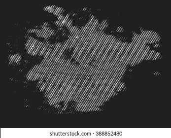 Ink splat  by halftone dots in black and white. Vector