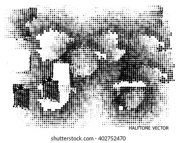 Ink splat by halftone dots in black and white. Vector