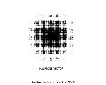 Ink splat by halftone dots in black and white. Vector