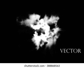 Ink splat overlay by halftone dots in black and white. Vector