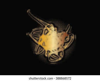 Ink splat overlay by halftone dots in black and white. Vector
