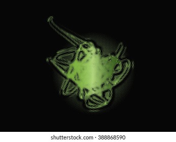 Ink splat overlay by halftone dots in black and white. Vector