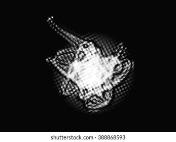 Ink splat overlay by halftone dots in black and white. Vector