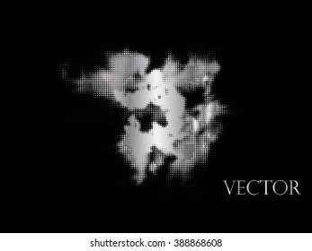 Ink splat overlay by halftone dots in black and white. Vector