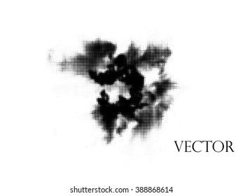 Ink splat overlay by halftone dots in black and white. Vector