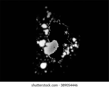 Ink splat overlay by halftone dots in black and white. Vector  