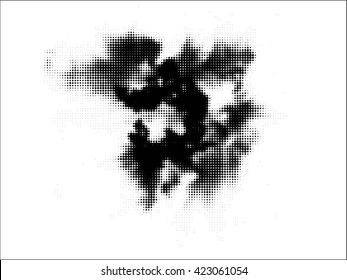 Ink splat overlay by halftone dots in black and white. Vector