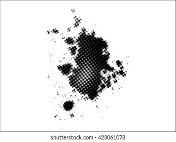 Ink splat overlay by halftone dots in black and white. Vector