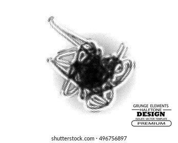 Ink splat overlay by halftone dots in black and white. Vector