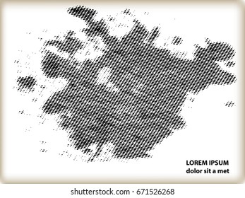 Ink splat overlay by halftone dots in black and white. Vector 