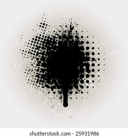 Ink splat overlayed by halftone dots in black and white