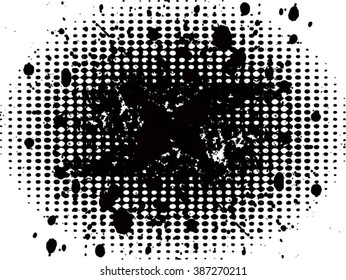 Ink splat overlayed by halftone dots in black and white. Vector